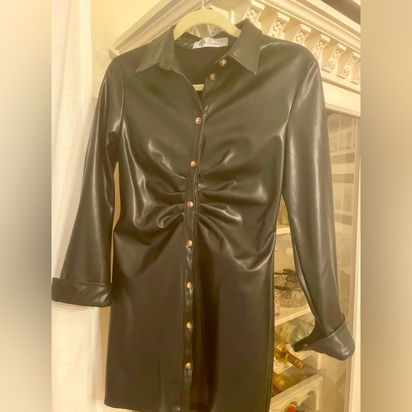 Pleather soft shirt dress with gather in center - Picture 3 of 3